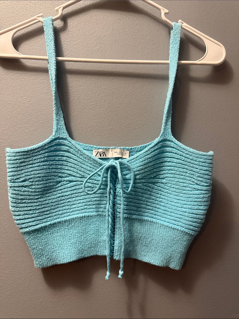 ZARA Aqua Ribbed Lace-Up Cropped Tank